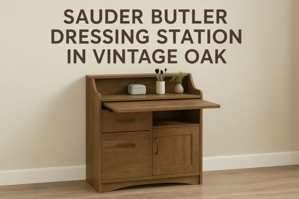 sauder butler dressing station in vintage oak